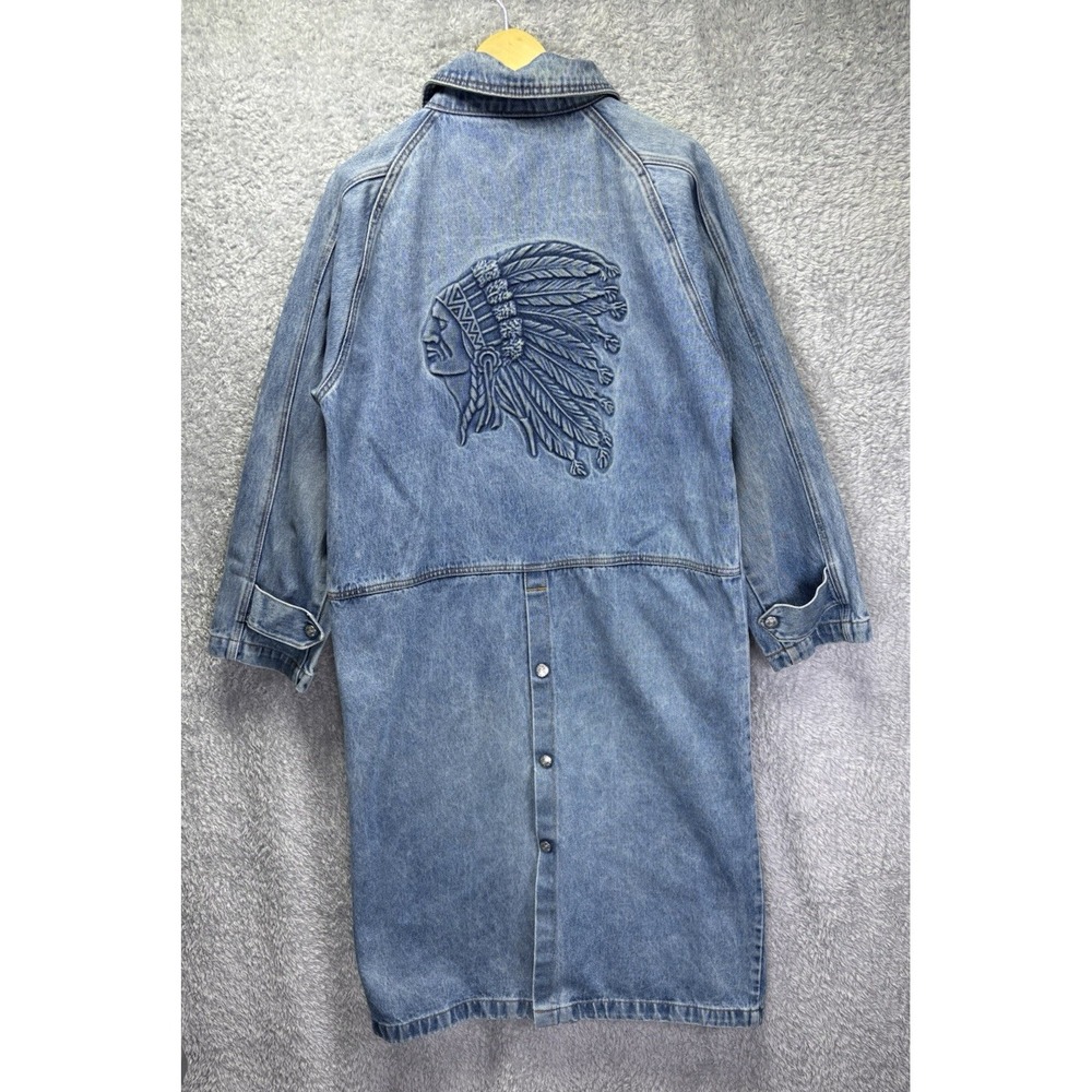 VTG Tyca Denim Duster Coat Womens S Native American Chief Embossed Made USA